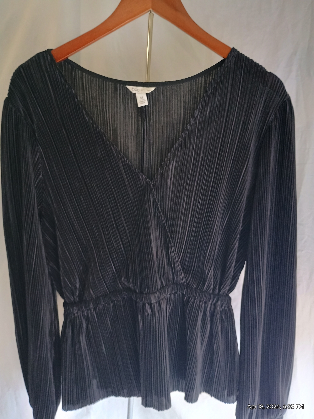 Cato Black Pleated Long-Sleeve V-Neck Peplum Top